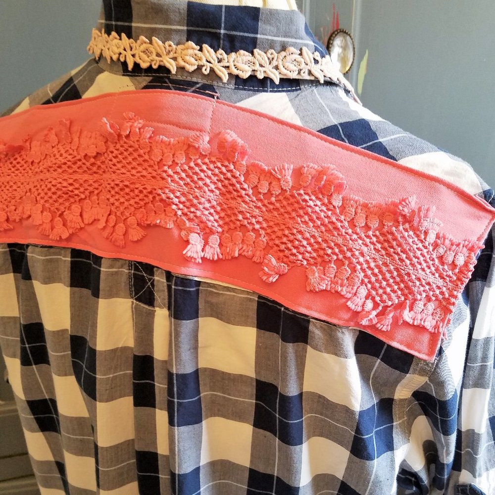 Upcycled & Embellished Blue Plaid Shirt/Tunic